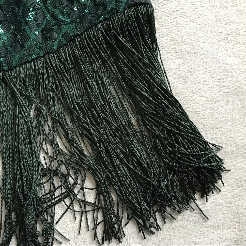 NWT PrettyLittleThing Emerald Green Sequin Fringe Tassel Bodycon Party Dress 2 - Picture 4 of 13